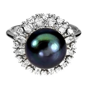 Natural Round Black Pearl 10mm & Cz 925‎ Sterling Silver Ring 7